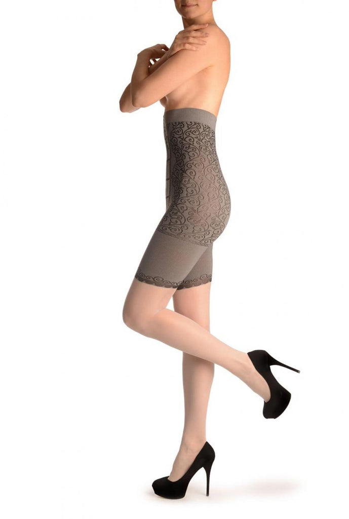 Liss Kiss White With Strong Floral Corset Shaping Tummy In Tights - Tights