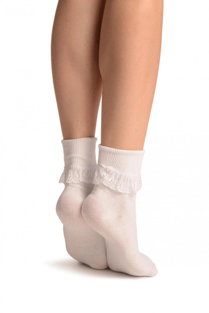 Liss Kiss White With White Lace Trim Ankle High Socks - Socks