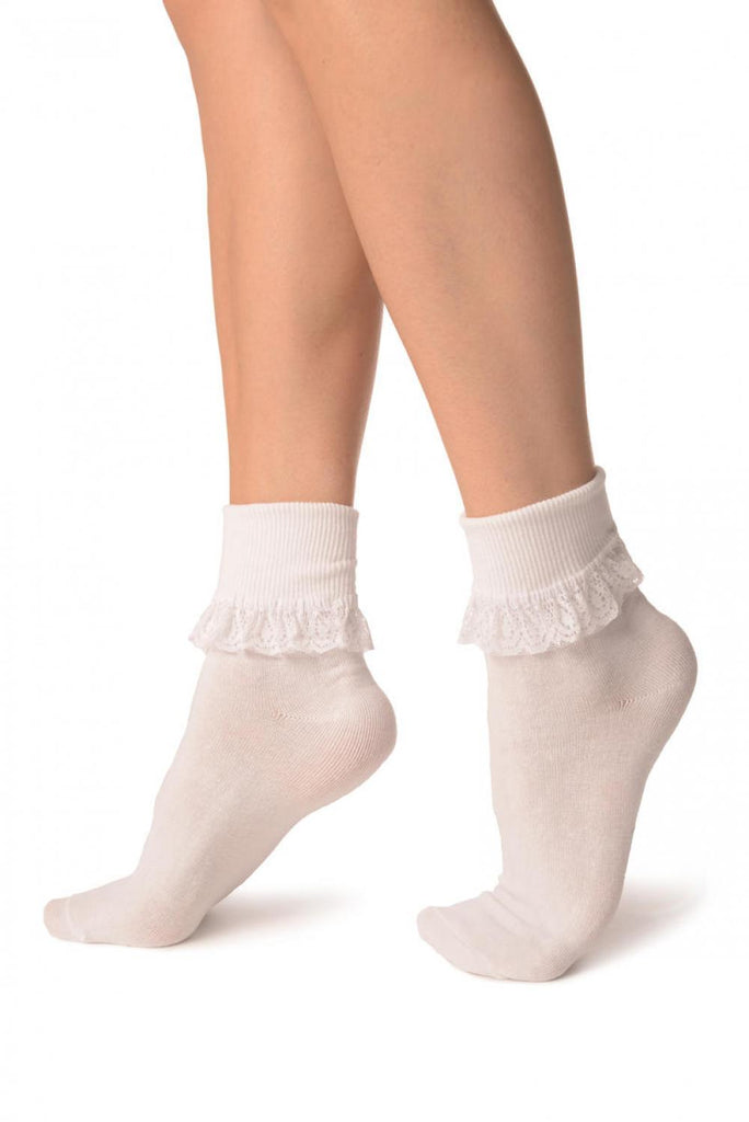Liss Kiss White With White Lace Trim Ankle High Socks - Socks
