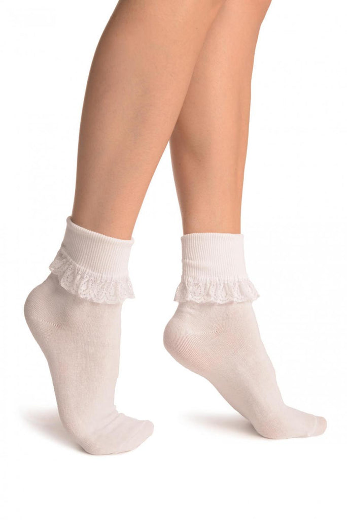 liss kiss White With White Lace Trim Ankle High Socks - Socks