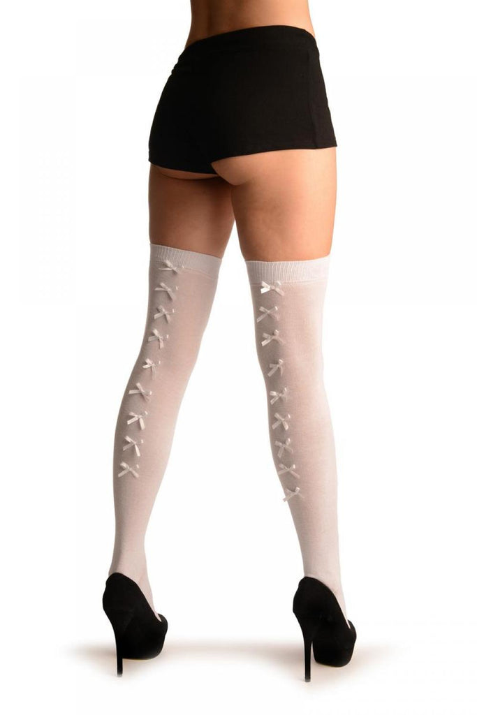 Liss Kiss White With White Satin Bows At The Back - Over The Knee Socks