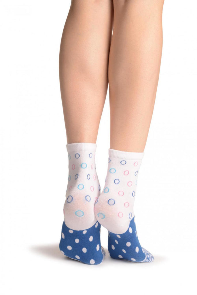Liss Kiss White With Wide Blue Dotted Stripe Ankle High Socks - Socks