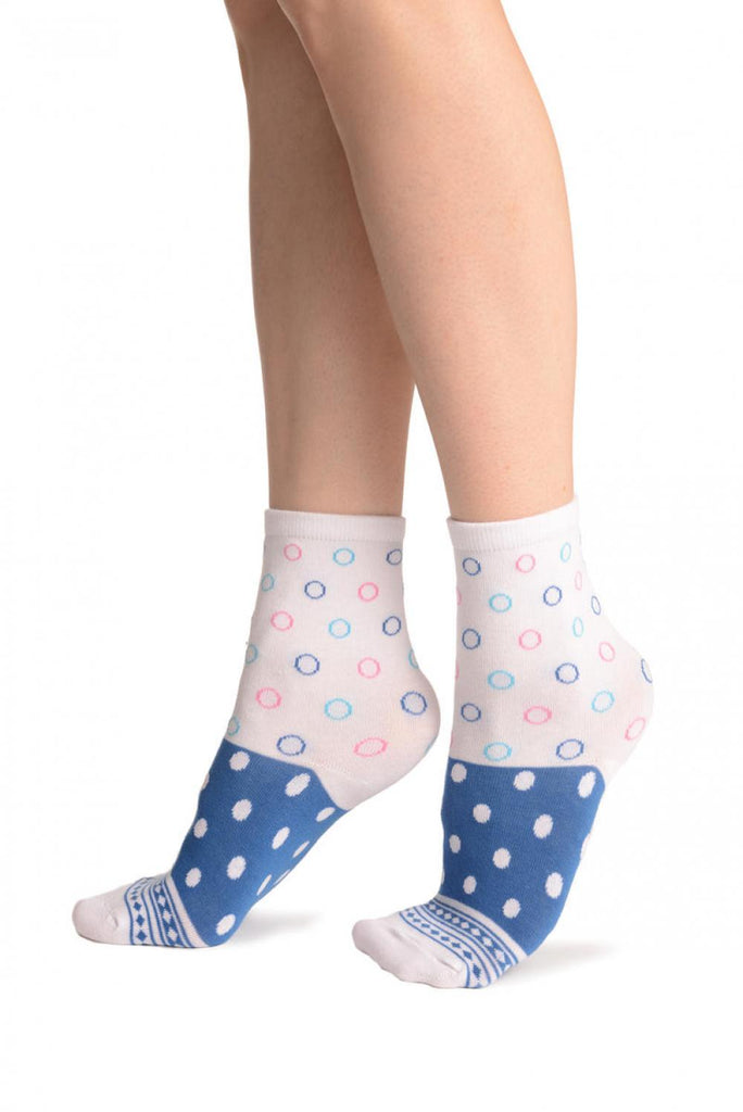 Liss Kiss White With Wide Blue Dotted Stripe Ankle High Socks - Socks