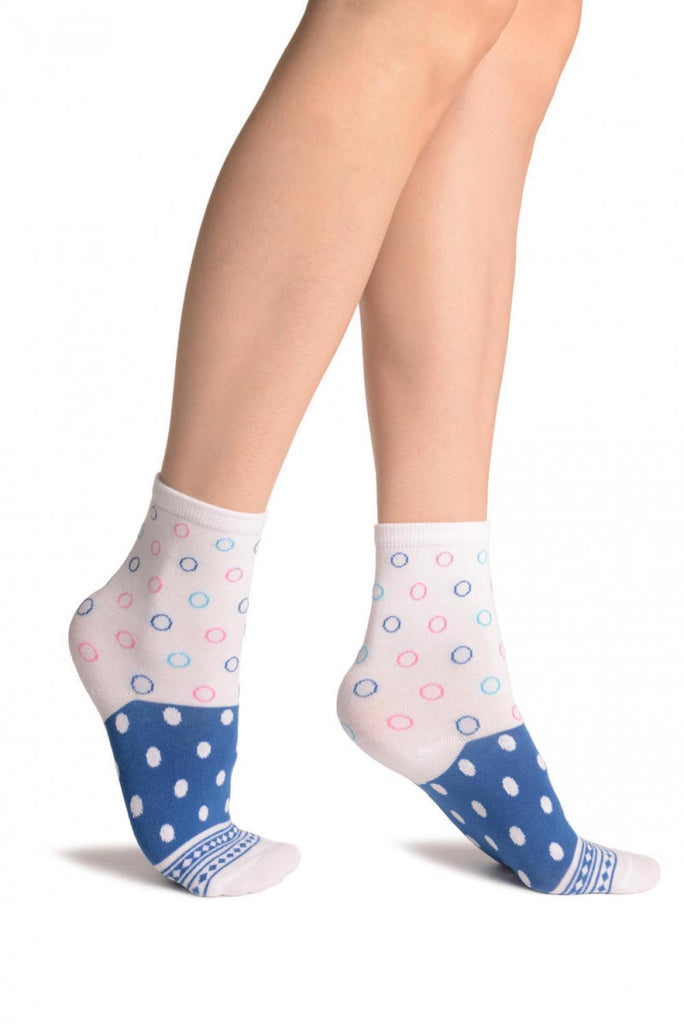 liss kiss White With Wide Blue Dotted Stripe Ankle High Socks - Socks