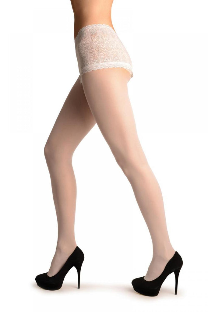 Liss Kiss White With Wide Floral Silicon Lace Top - Tights