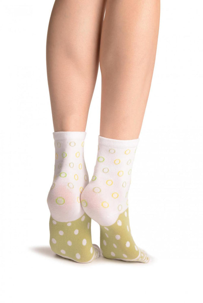 Liss Kiss White With Wide Green Dotted Stripe Ankle High Socks - Socks