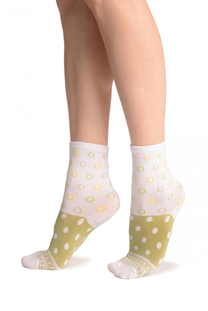 Liss Kiss White With Wide Green Dotted Stripe Ankle High Socks - Socks
