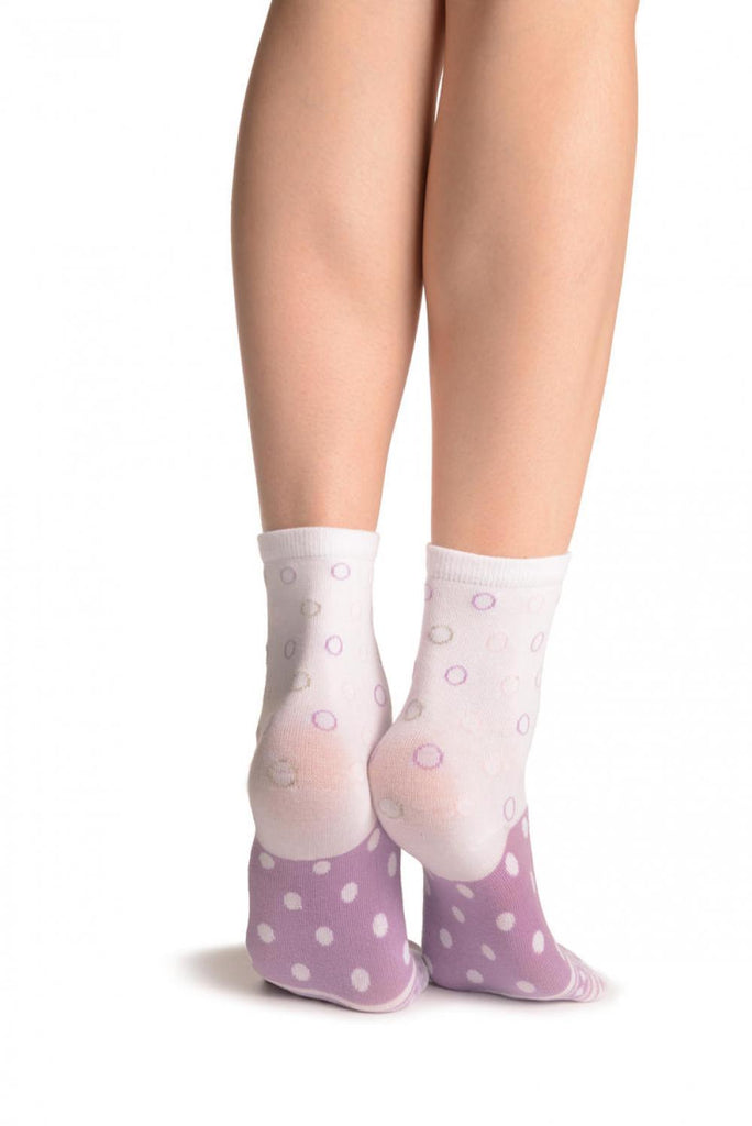 Liss Kiss White With Wide Lilac Dotted Stripe Ankle High Socks - Socks