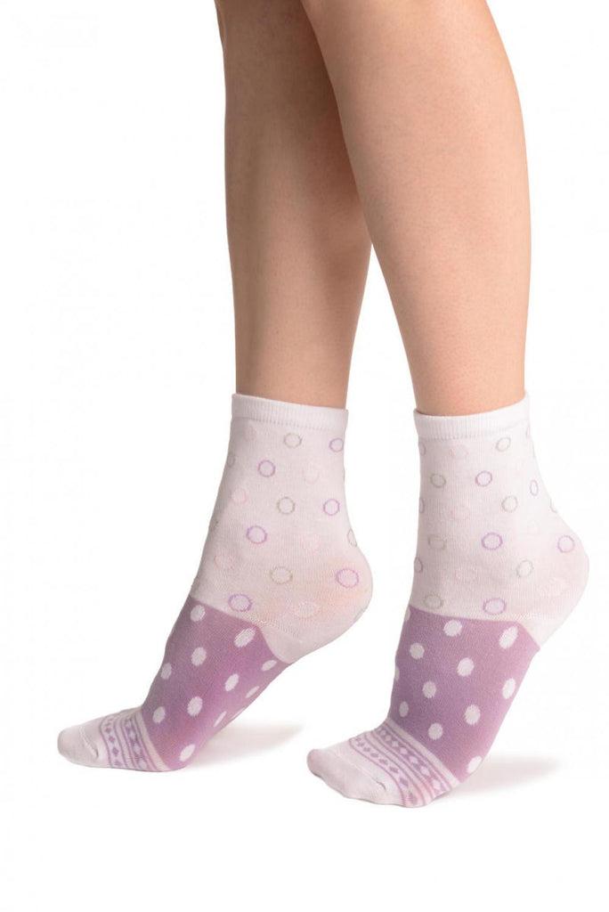 Liss Kiss White With Wide Lilac Dotted Stripe Ankle High Socks - Socks