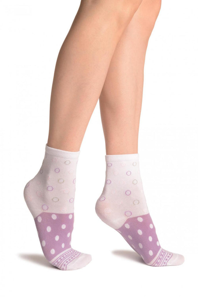 liss kiss White With Wide Lilac Dotted Stripe Ankle High Socks - Socks