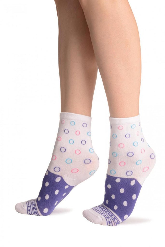 Liss Kiss White With Wide Purple Dotted Stripe Ankle High Socks - Socks