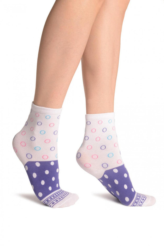 liss kiss White With Wide Purple Dotted Stripe Ankle High Socks - Socks