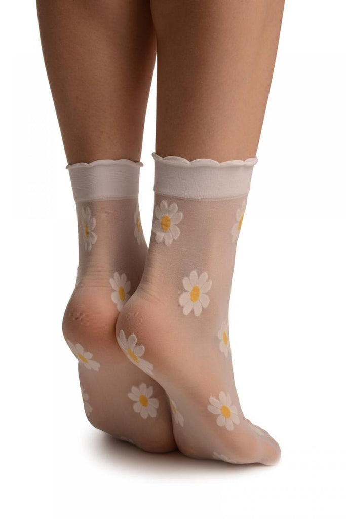 Liss Kiss White With Woven Daisy Fowers Socks Ankle High - Socks