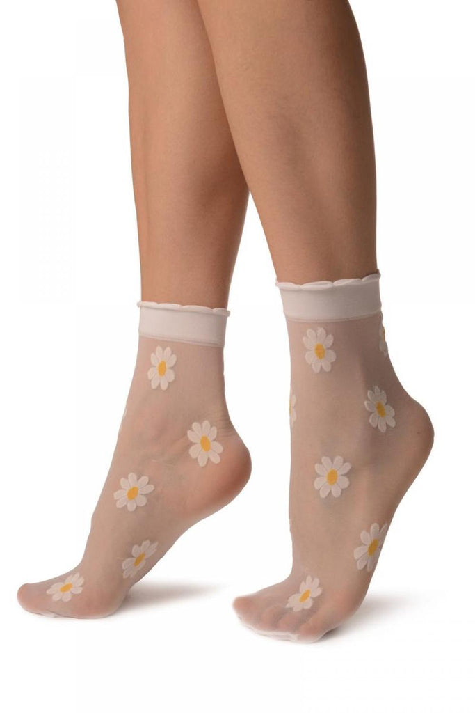 Liss Kiss White With Woven Daisy Fowers Socks Ankle High - Socks