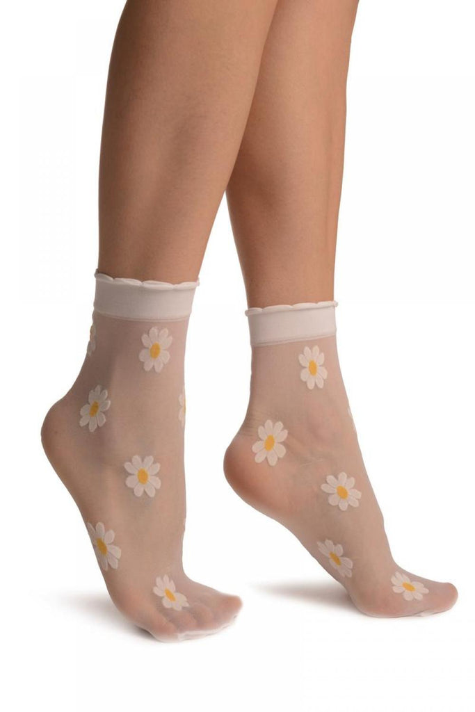 liss kiss White With Woven Daisy Fowers Socks Ankle High - Socks