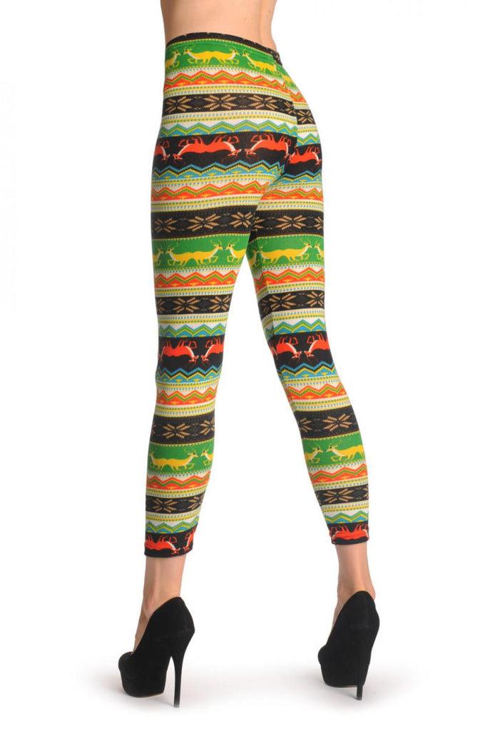 Liss Kiss Woven Bright Orange & Green With Deer - Leggings