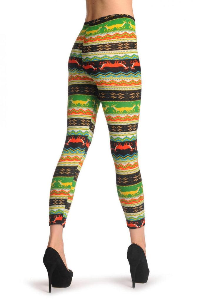 Liss Kiss Woven Bright Orange & Green With Deer - Leggings