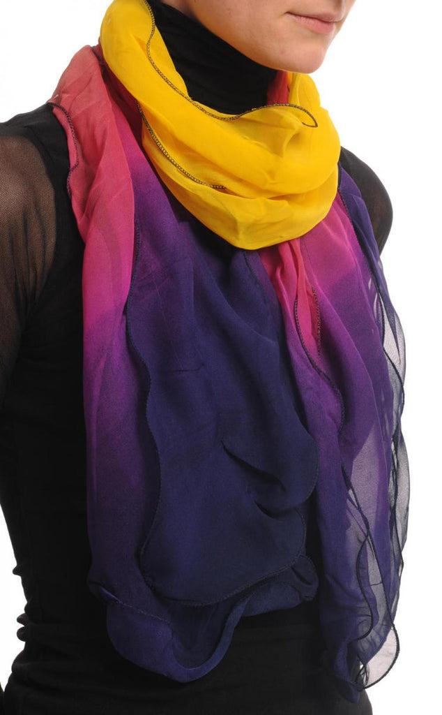 Liss Kiss Yellow Berry Red & Purple Double Layered Chiffon Ombre - Scarf