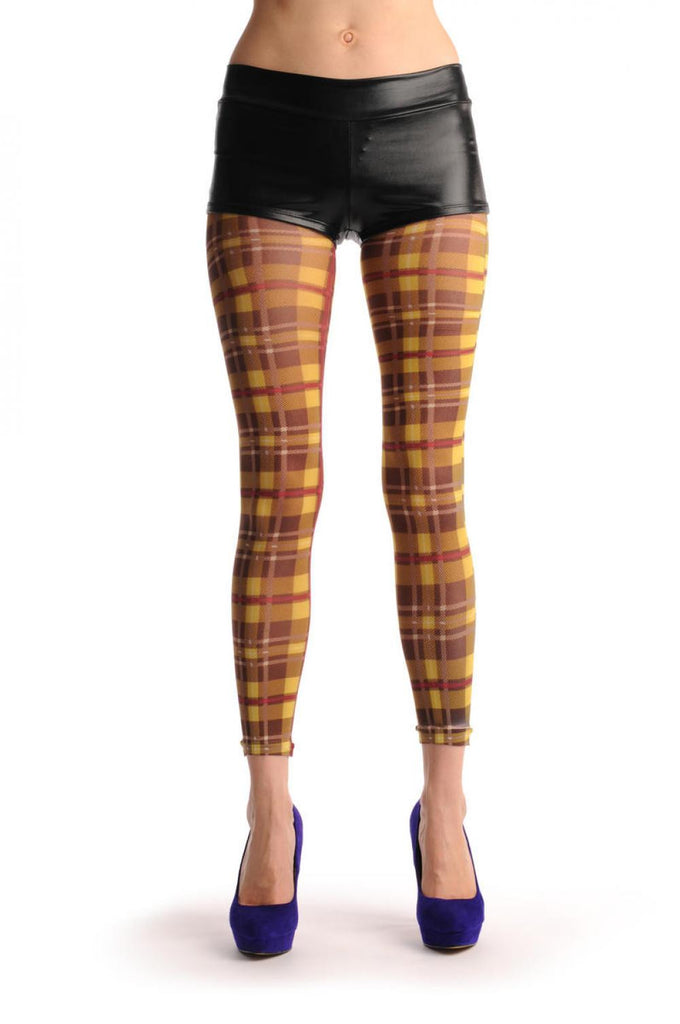 Liss Kiss Yellow & Brown Checkered Print Footless - Tights Footless