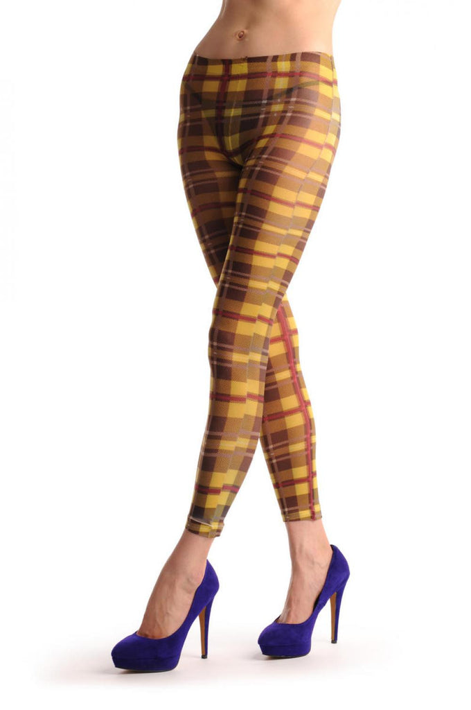 Liss Kiss Yellow & Brown Checkered Print Footless - Tights Footless