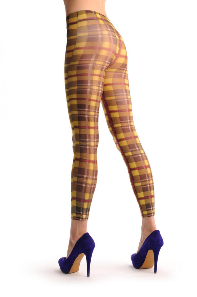 Liss Kiss Yellow & Brown Checkered Print Footless - Tights Footless