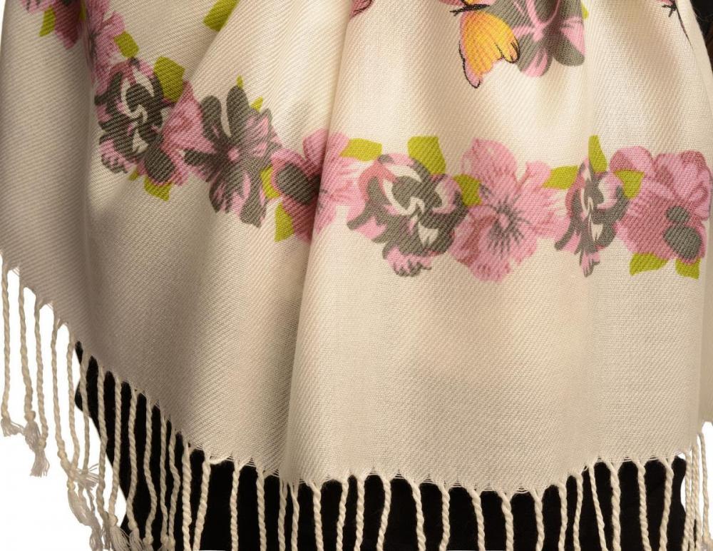 Liss Kiss Yellow Butterflies & Flowers On White Pashmina Feel With Tassels - Scarf