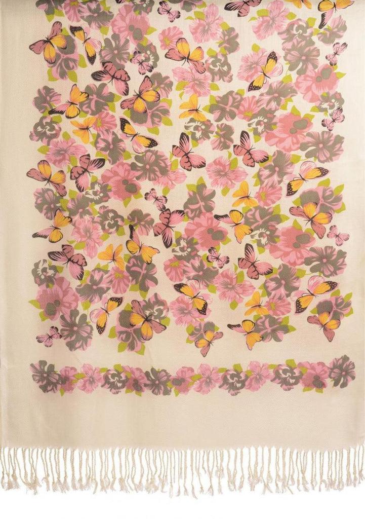 Liss Kiss Yellow Butterflies & Flowers On White Pashmina Feel With Tassels - Scarf