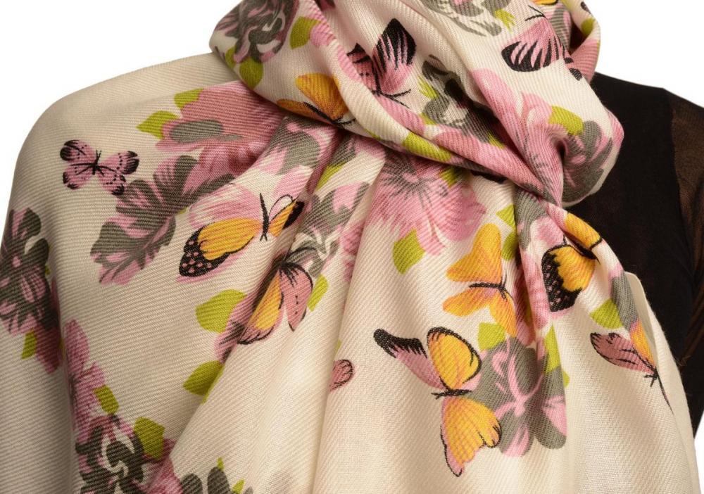 Liss Kiss Yellow Butterflies & Flowers On White Pashmina Feel With Tassels - Scarf