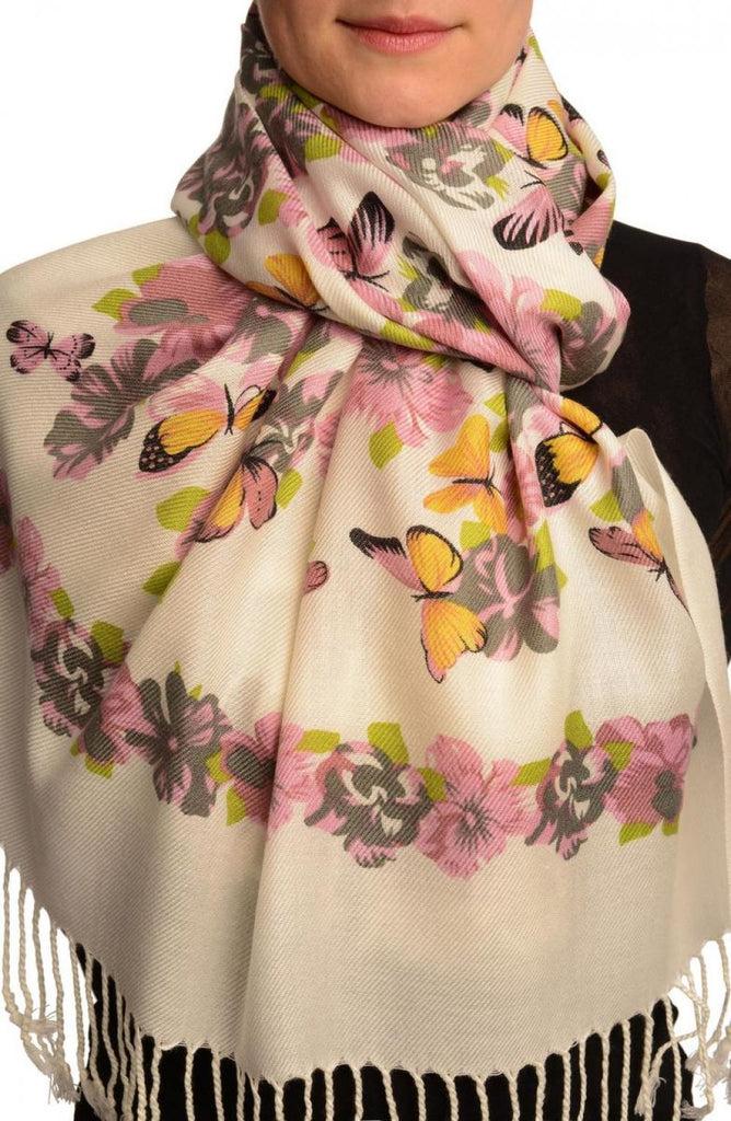 liss kiss Yellow Butterflies & Flowers On White Pashmina Feel With Tassels - Scarf