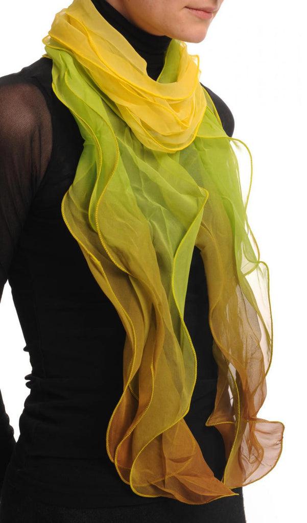 Liss Kiss Yellow Green & Brown Double Layered Chiffon Ombre - Scarf