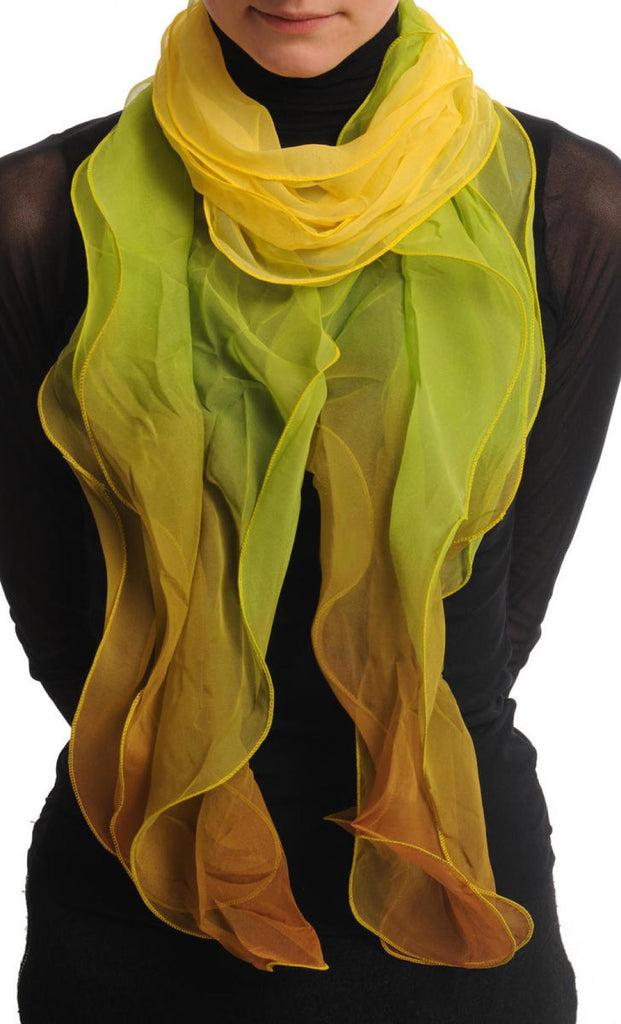 liss kiss Yellow Green & Brown Double Layered Chiffon Ombre - Scarf