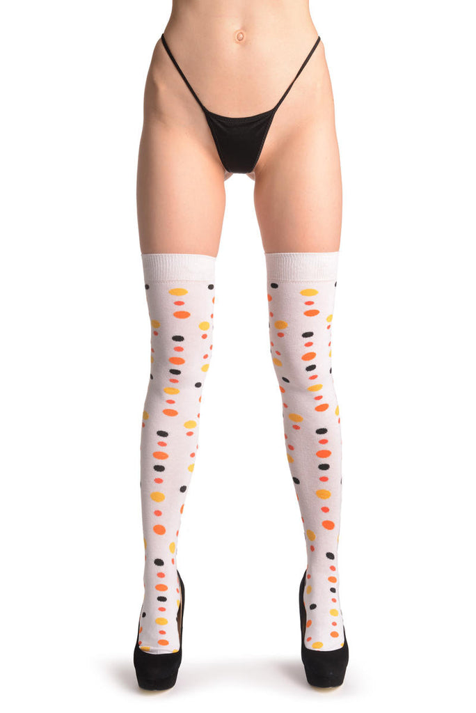 Liss Kiss Yellow Orange & Black Dots On White - Over The Knee Socks
