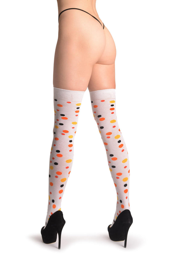 Liss Kiss Yellow Orange & Black Dots On White - Over The Knee Socks