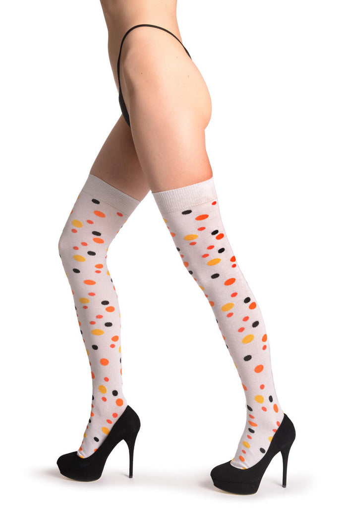 Liss Kiss Yellow Orange & Black Dots On White - Over The Knee Socks