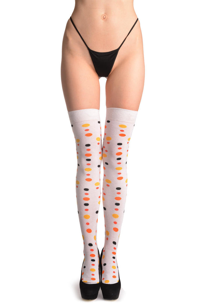 liss kiss Yellow Orange & Black Dots On White - Over The Knee Socks