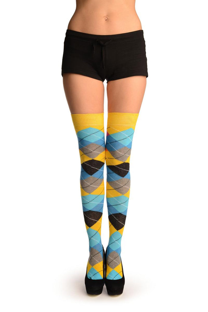 Liss Kiss Yellow Orange Grey Blue & Black Argyle Over The Knee Socks - Over The Knee Socks