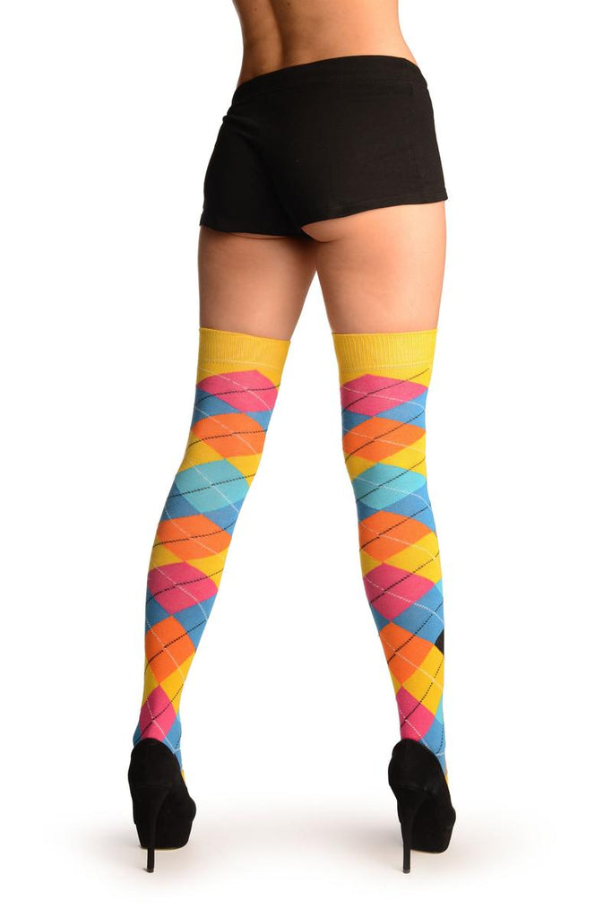 Liss Kiss Yellow Orange Grey Blue & Black Argyle Over The Knee Socks - Over The Knee Socks