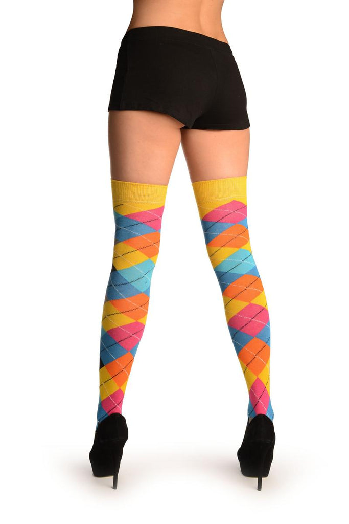 Liss Kiss Yellow Orange Grey Blue & Black Argyle Over The Knee Socks - Over The Knee Socks