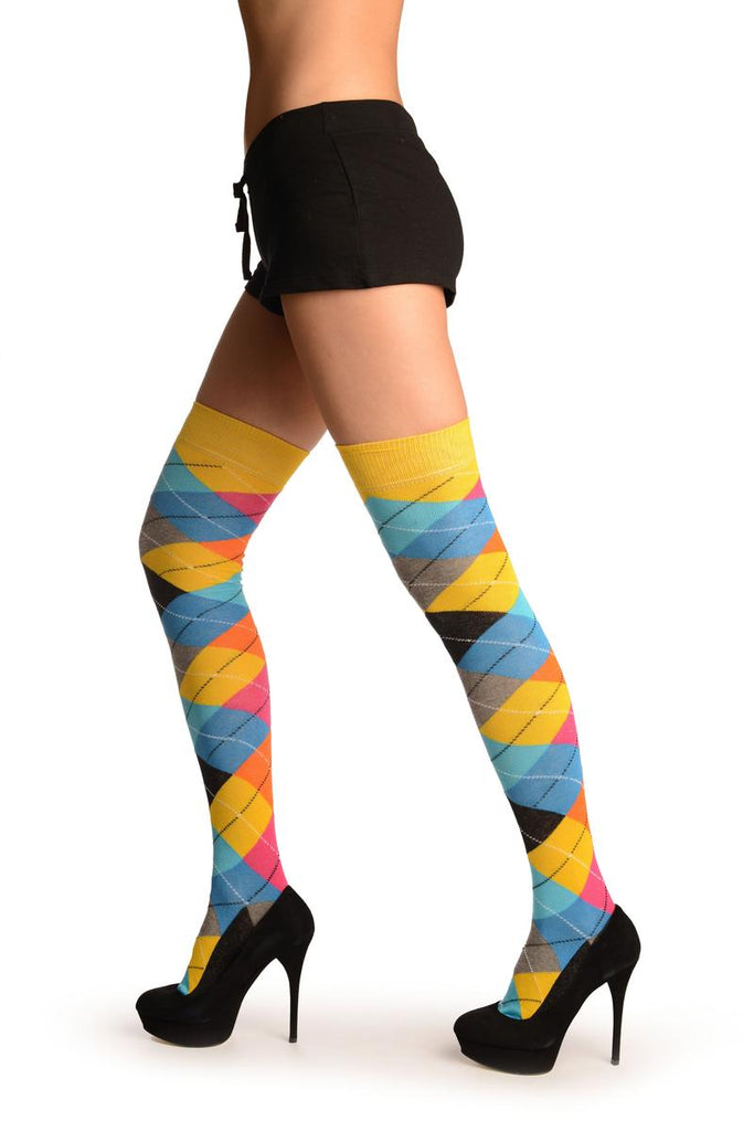liss kiss Yellow Orange Grey Blue & Black Argyle Over The Knee Socks - Over The Knee Socks