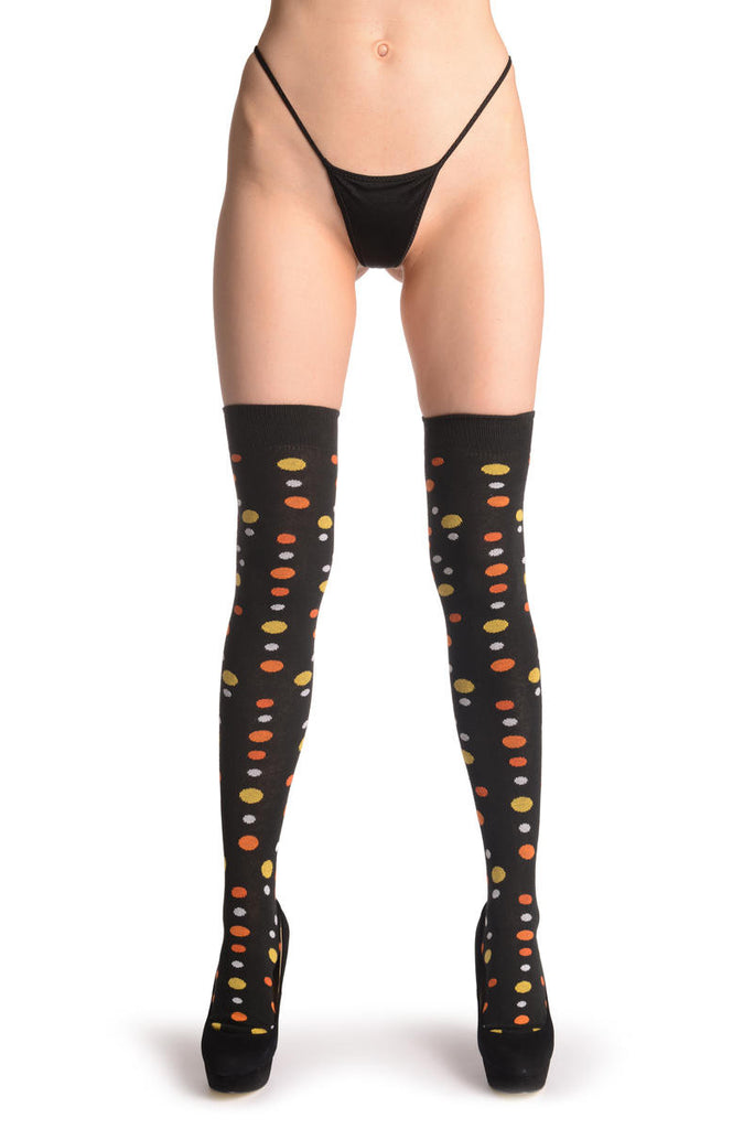 Liss Kiss Yellow Orange & White Dots On Black - Over The Knee Socks