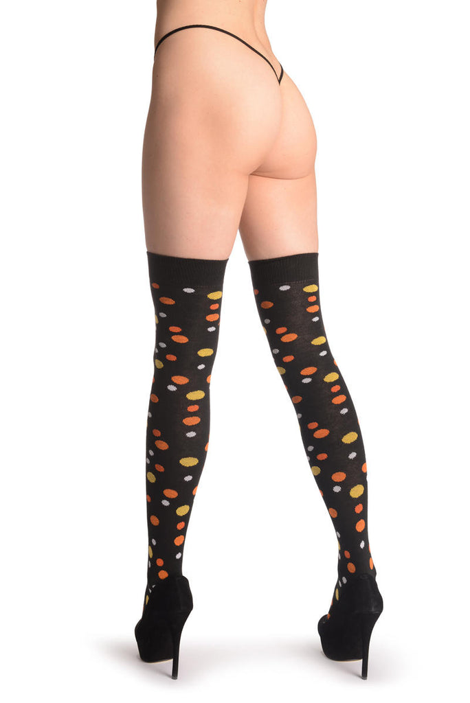 Liss Kiss Yellow Orange & White Dots On Black - Over The Knee Socks
