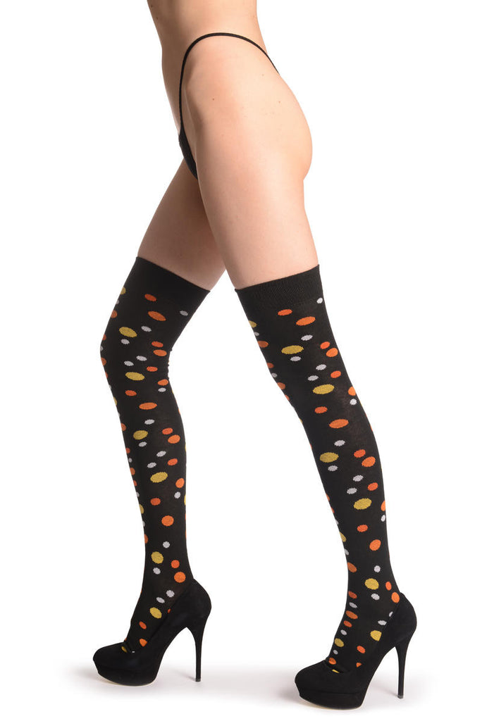 Liss Kiss Yellow Orange & White Dots On Black - Over The Knee Socks