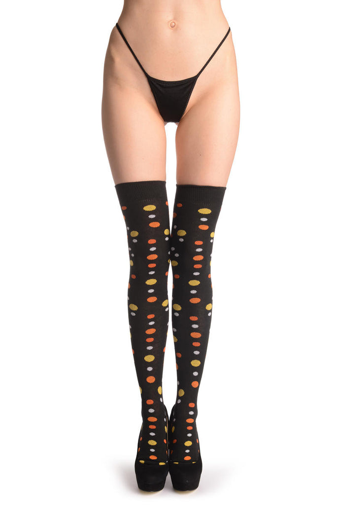liss kiss Yellow Orange & White Dots On Black - Over The Knee Socks