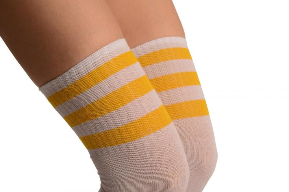 Liss Kiss Yellow Stripes On White (Referee) - Over The Knee Socks