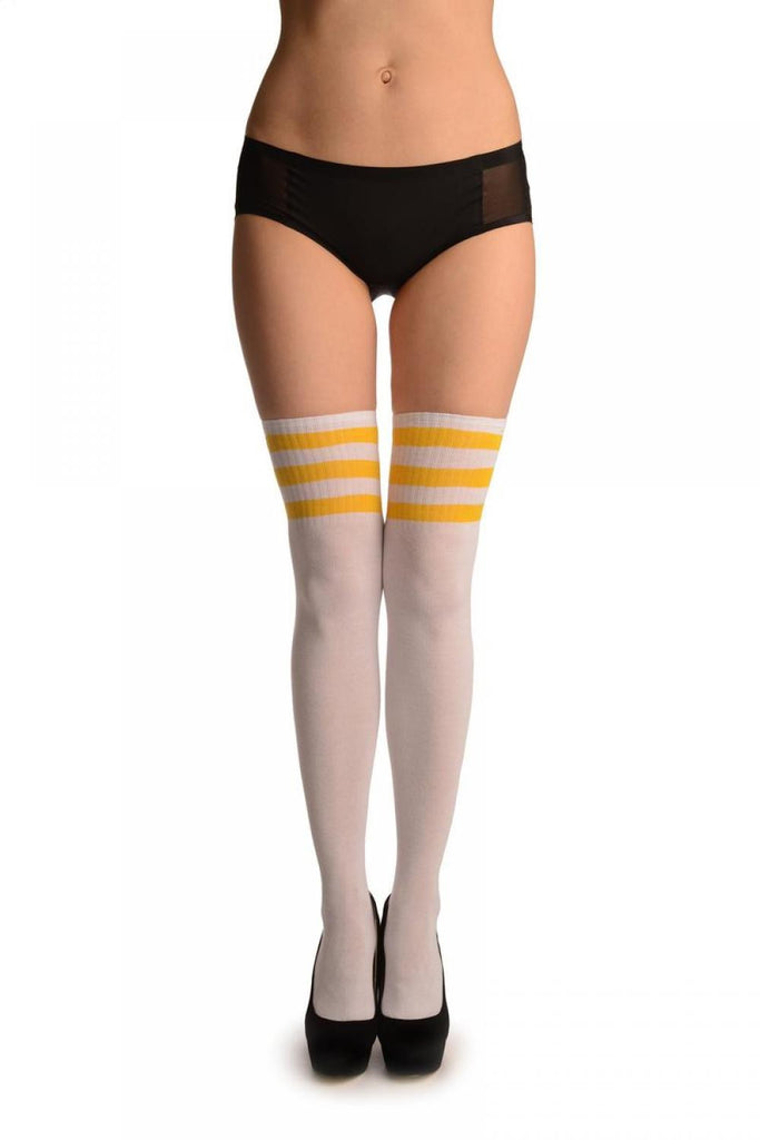Liss Kiss Yellow Stripes On White (Referee) - Over The Knee Socks