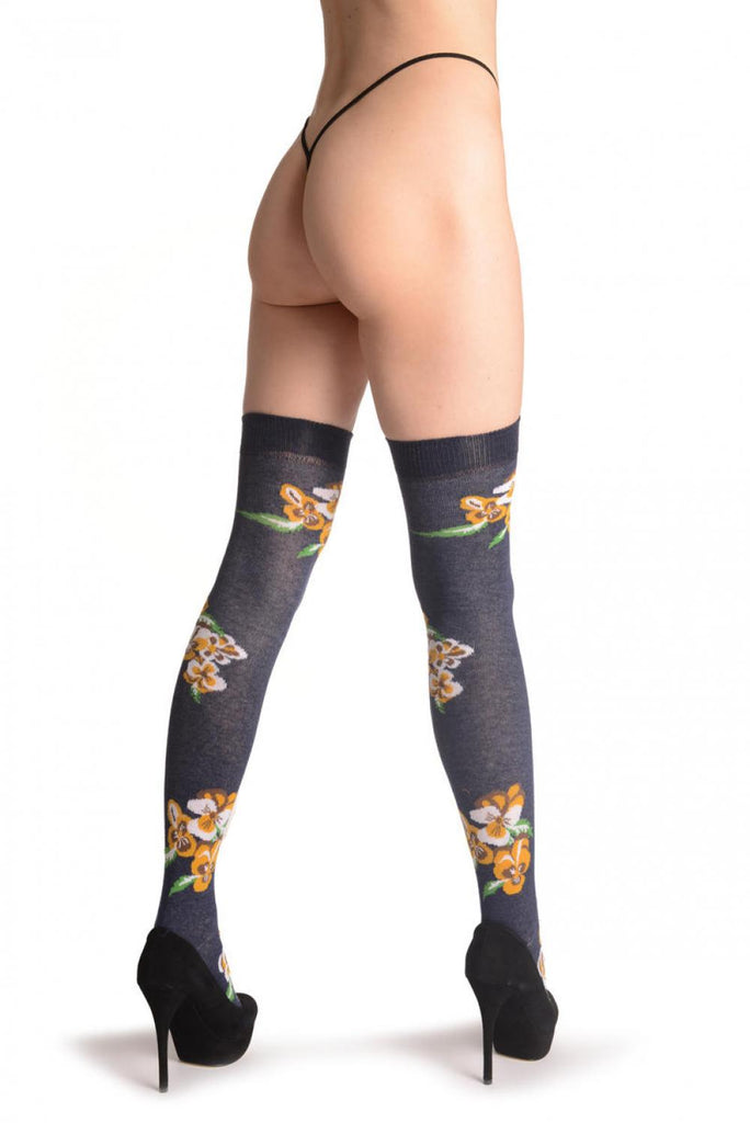 Liss Kiss Yellow Viola Flowers On Navy Blue - Over The Knee Socks