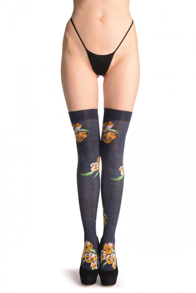 Liss Kiss Yellow Viola Flowers On Navy Blue - Over The Knee Socks
