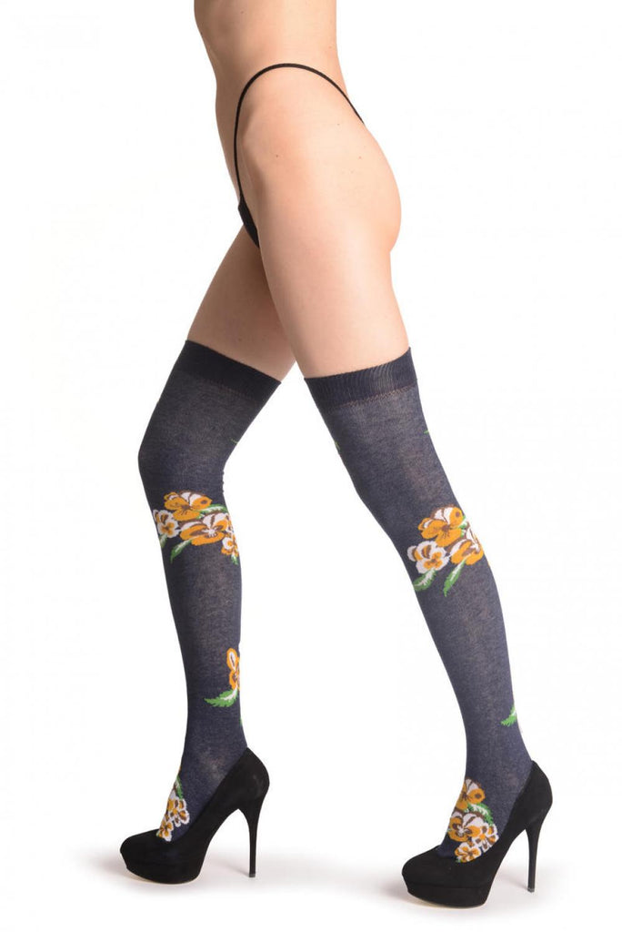 liss kiss Yellow Viola Flowers On Navy Blue - Over The Knee Socks