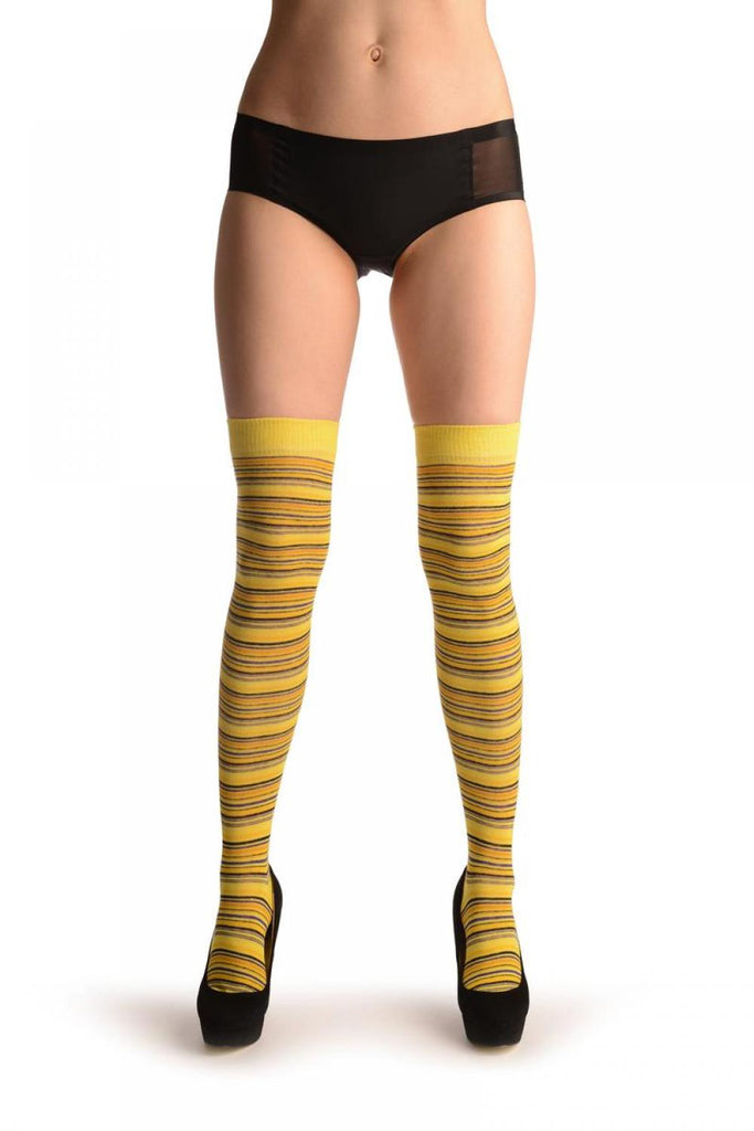 Liss Kiss Yellow With Black & Purple Thing Stripes - Over The Knee Socks