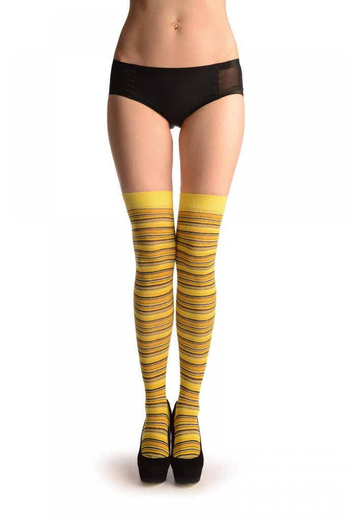 Liss Kiss Yellow With Black & Purple Thing Stripes - Over The Knee Socks